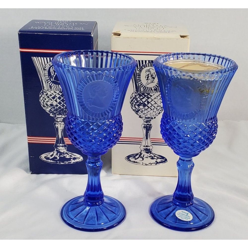 Avon Fostoria George and Martha Washington Cobalt Blue Glasses Candle